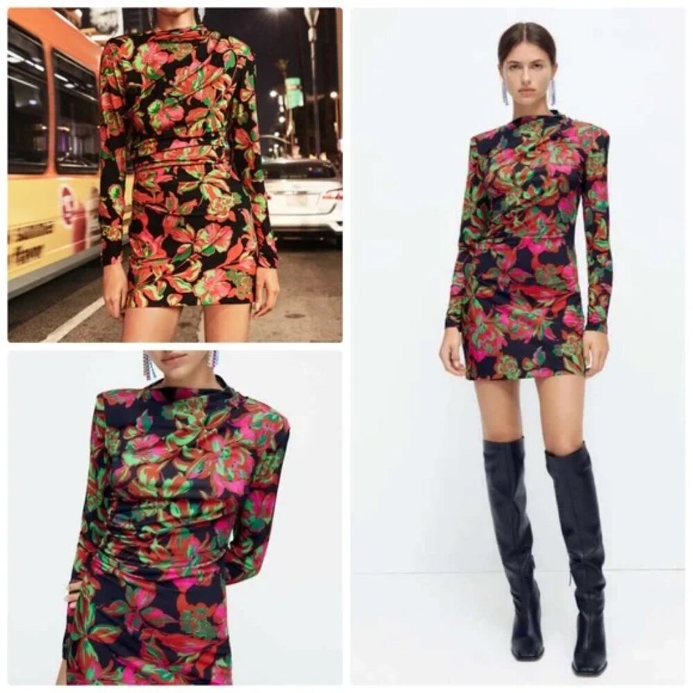 ZARA WOMEN'S FLORAL LONG SLEEVE SHORT MINI DRESS XS